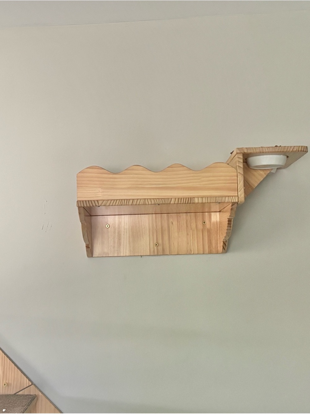 Wall-Mounted Wooden Cat Feeder with Elevated White Bowl - Natural Wood